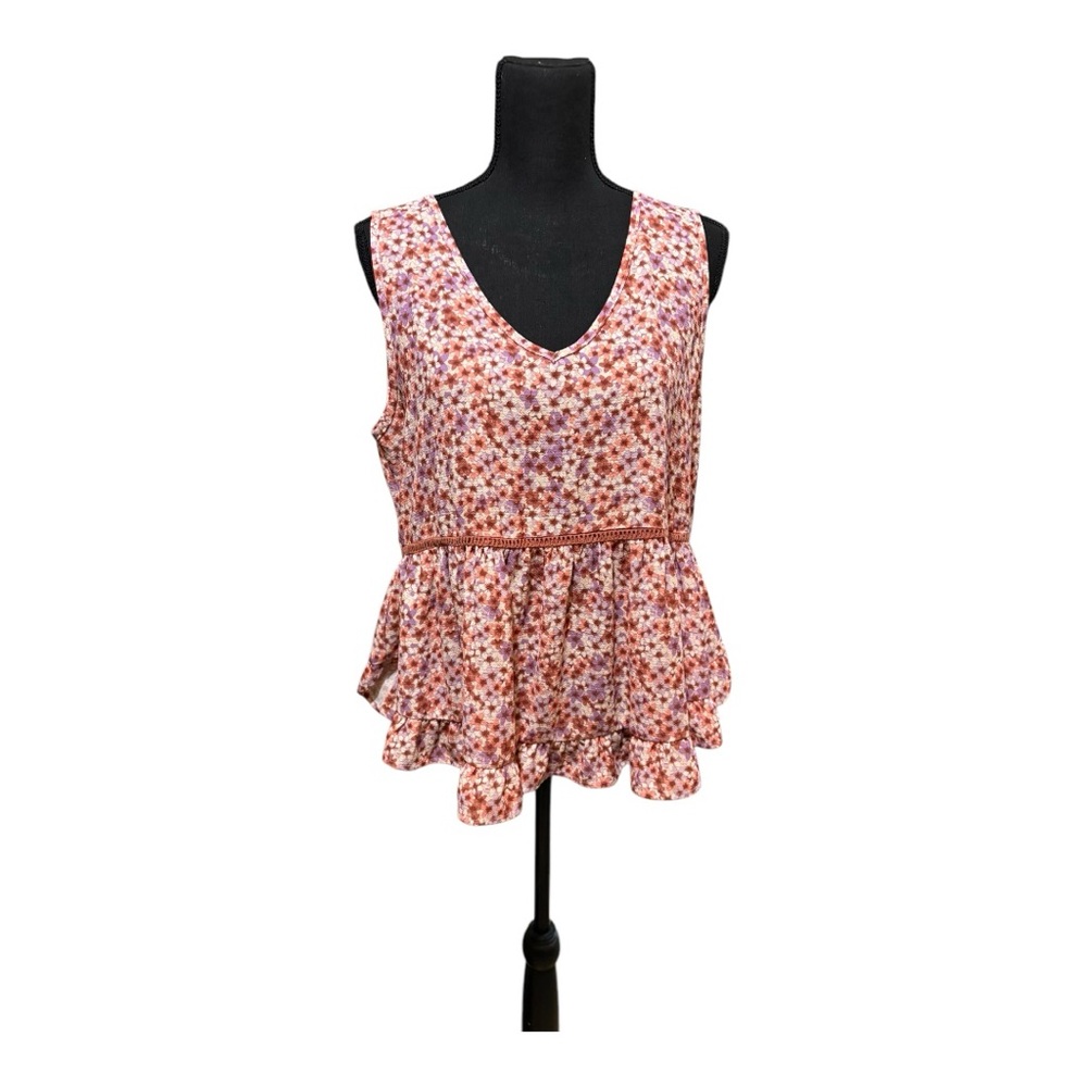 Copper Key Pink/white floral print peplum top v neckl & ruffled hem Size XL